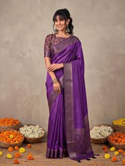 Sareemall - Women's Tussar Silk Purple Woven Design Saree
