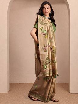 Sareemall - Women's Silk Blend Beige Printed Saree