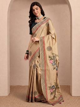 Sareemall - Women's Silk Blend Beige Printed Saree
