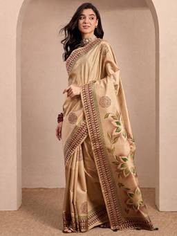 Sareemall - Women's Silk Blend Beige Printed Saree