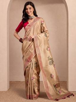 Sareemall - Women's Silk Blend Beige Printed Saree