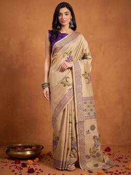 Sareemall - Women's Silk Blend Beige Printed Saree