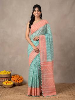 Akhilam - Women'S Cotton Light Blue Printed Saree