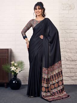 Akhilam - Black Satin Printed Saree