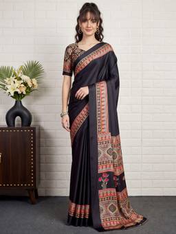 Akhilam - Black Satin Printed Saree
