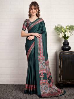 Akhilam - Green Satin Printed Saree