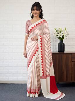 Akhilam - Off White Satin Printed Saree