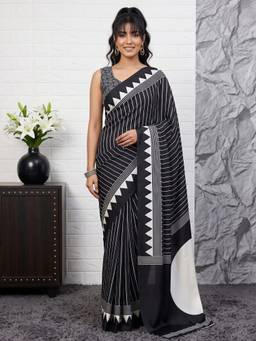 Akhilam - Black Satin Printed Saree