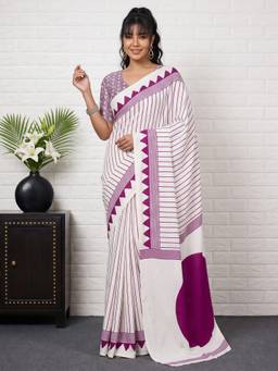Akhilam - White Satin Printed Saree