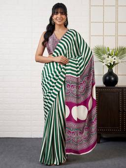 Akhilam - Green Satin Printed Saree