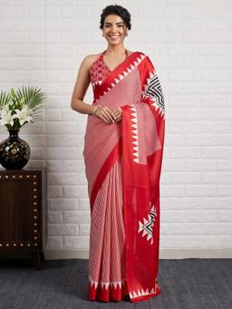 Akhilam - Red Satin Printed Saree