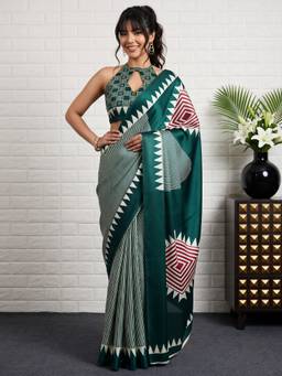 Akhilam - Green Satin Printed Saree