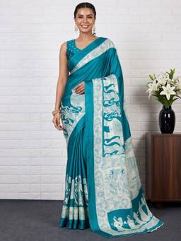 Akhilam - Turquoise Satin Printed Saree