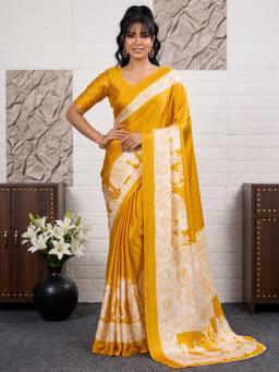 Akhilam - Mustard Satin Printed Saree