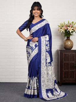 Akhilam - Blue Satin Printed Saree