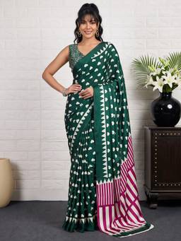 Akhilam - Green Satin Printed Saree