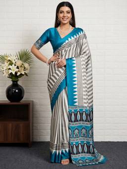 Akhilam - Blue Satin Printed Saree