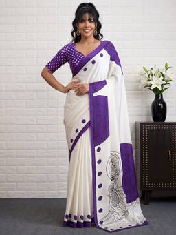 Akhilam - White Satin Printed Saree
