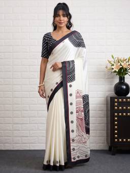Akhilam - White Satin Printed Saree