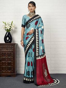 Akhilam - Turquoise Satin Printed Saree
