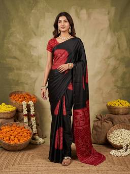 Sareemall - Women's Satin Black Printed Saree