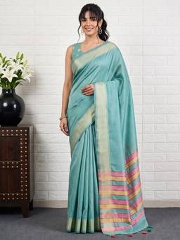 Akhilam - Turquoise Silk Woven Saree