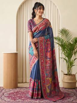 Sareemall - Women's Pashmina Silk Navy Blue Woven Design Saree