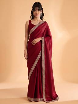 Akhilam - Maroon Satin Embroidered Saree