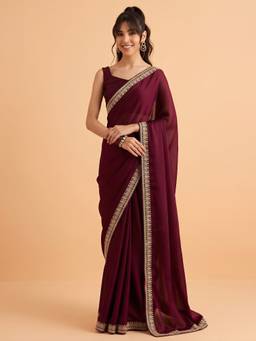 Akhilam - Magenta Satin Embroidered Saree