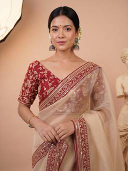 Akhilam - Women'S Organza Cream Embellished Saree