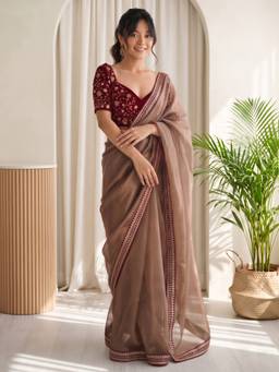 Akhilam - Brown Net Embellished Saree