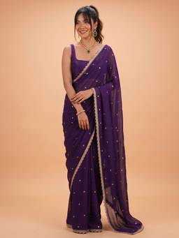 Akhilam - Women'S Pure Georgette Purple Embellished Saree