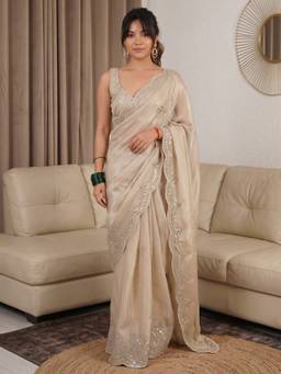 Akhilam - Women'S Organza Beige Embellished Saree