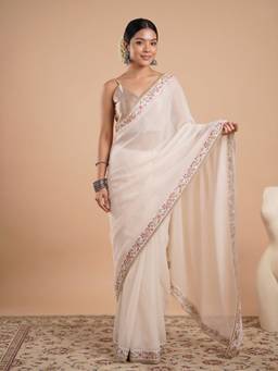 Akhilam - Women'S Georgette Off White Embellished Saree