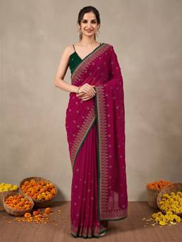 Sareemall - Women's Vichitra Silk Pink Embroidered Saree