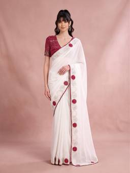 Akhilam - Women'S Vichitra Silk White Embellished Saree