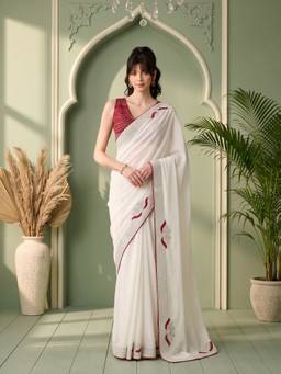 Akhilam - Women'S Vichitra Silk White Embellished Saree