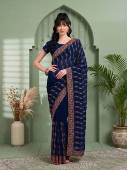 Sareemall - Women's Pure Georgette Navy blue Zari Embroidered Saree