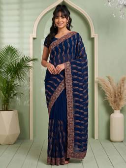 Akhilam - Navy Blue Georgette Embellished Saree