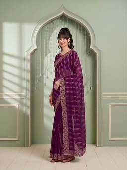 Sareemall - Women's Pure Georgette Purple Zari Embroidered Saree