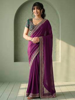 Akhilam - Purple Silk Embellished Saree