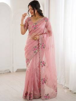 FLOSIVE - Women's Satin Zarkhad Diamonds Pink Floral Saree