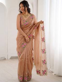 FLOSIVE - Women's Satin Zarkhad Diamonds Brown Floral Saree