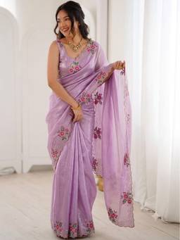 FLOSIVE - Women's Satin Zarkhad Diamonds Lavender Floral Saree