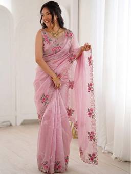 FLOSIVE - Women's Satin Zarkhad Diamonds Pink Floral Saree