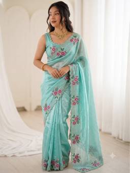 FLOSIVE - Women's Satin Zarkhad Diamonds Blue Floral Saree