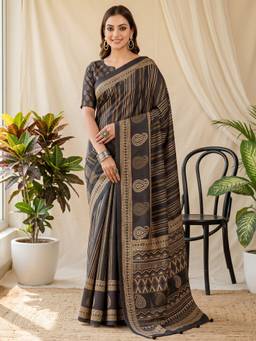 Akhilam - Black Silk Blend Printed Saree