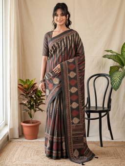 Akhilam - Women'S Silk Blend Olive Printed Saree