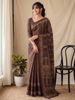 Akhilam - Brown Silk Blend Printed Saree