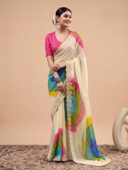 Akhilam - Women'S Chiffon Cream Printed Saree